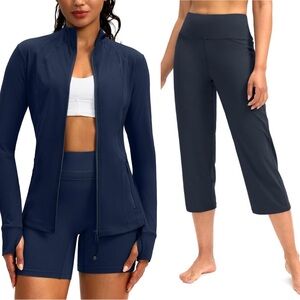 2 Piece Set: G Gradual Full Zip Jacket & Capri Workout Yoga Pants, Navy